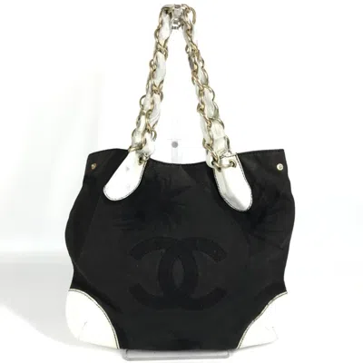 Pre-owned Chanel Black White Leather Canvas Shoulder Bag Tote Bag () In Multi