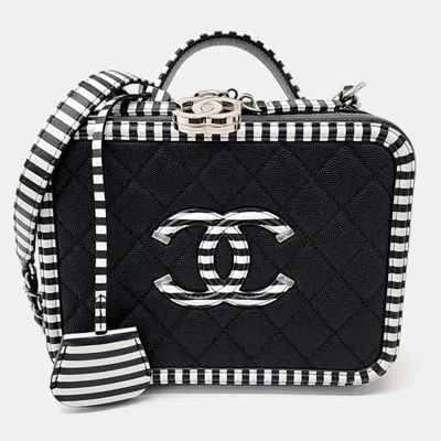 Pre-owned Chanel Black White Leather Caviar Cosmetic Tote And Shoulder Bag