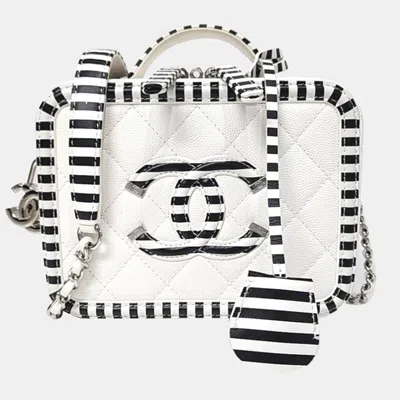 Pre-owned Chanel Black White Leather Caviar Cosmetic Tote And Shoulder Bag
