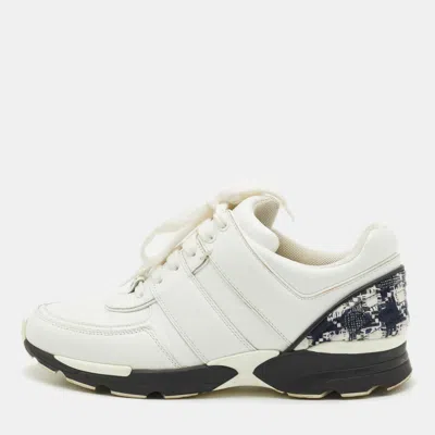 Pre-owned Chanel Black/ White Leather Cc Logo Lace Up Sneakers Size 38 In Grey