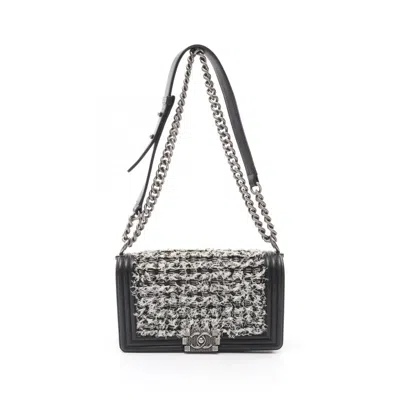 Pre-owned Chanel Black White Leather Fabric Shoulder Bag () In Multi