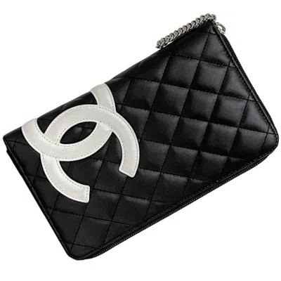 Pre-owned Chanel Black White Leather Long Wallet (bi-fold) () In Black, White