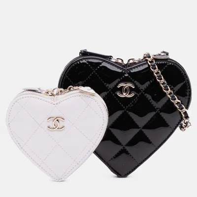 Pre-owned Chanel Black White Quilted Patent Calfskin Cc Heart Clutch With Chain