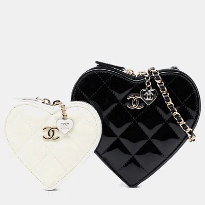 Pre-owned Chanel Black White Quilted Patent Duo Heart Clutch With Chain