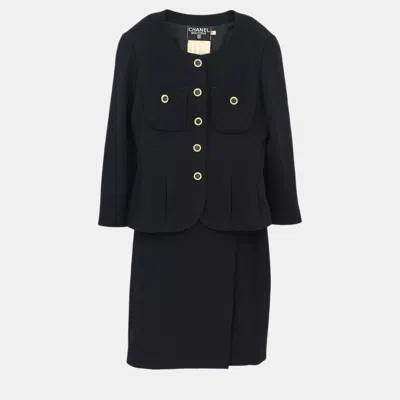 Pre-owned Chanel Black Wool Suit Collarless Jacket Skirt Set Women Size 38