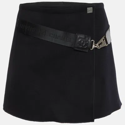 Pre-owned Chanel Black Wool Wrapped Logo Belt Mini Skirt S
