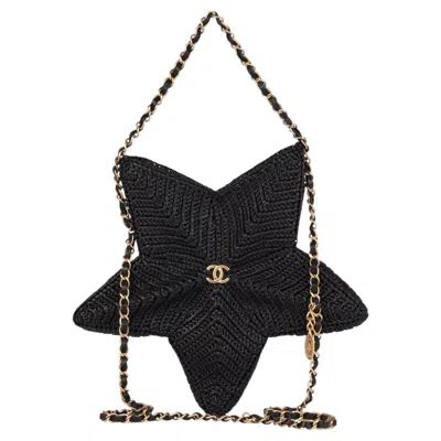 Pre-owned Chanel Black Woven Raffia & Lambskin Leather Star Coco Beach Bag