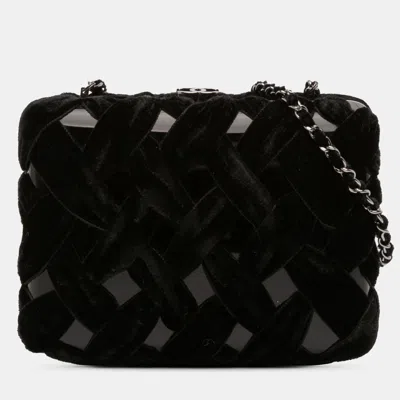 Pre-owned Chanel Black Woven Velvet And Resin Box Clutch With Chain