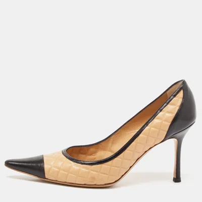 Pre-owned Chanel Black/beige Leather Pointed Toe Pumps Size 37.5