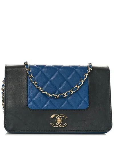 Pre-owned Chanel Black/blue Goatskin Leather Mademoiselle Wallet On Chain (authentic Pre-loved)