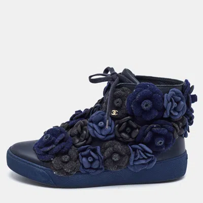 Pre-owned Chanel Black/blue Leather Cc Camellia High Top Trainers Size 38