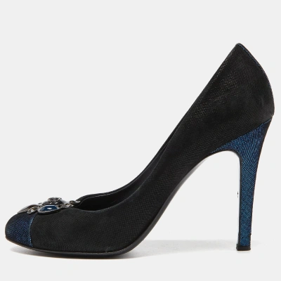 Pre-owned Chanel Black/blue Suede Embellished Cc Cap Toe Pumps Size 39.5