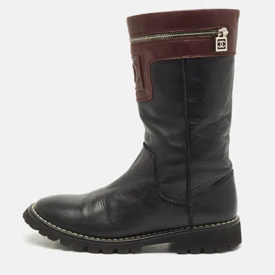 Pre-owned Chanel Black/burgundy Quilted Leather Motorcycle Boots Size 39.5