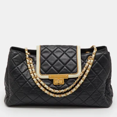 Pre-owned Chanel Black/cream Quilted Leather East/west Mademoiselle Accordion Flap Bag