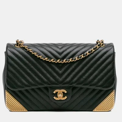 Pre-owned Chanel Black/gold Calfskin Chevron Rock The Corner Flap Bag