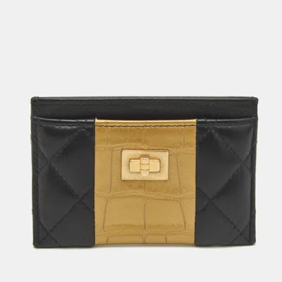 Pre-owned Chanel Black/gold Crocodile Embossed And Leather Reissue 2.55 Card Holder