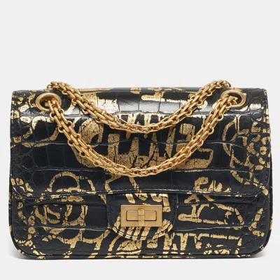 Pre-owned Chanel Black/gold Graffiti Croc Embossed Leather Mini Reissue 2.55 Flap Bag