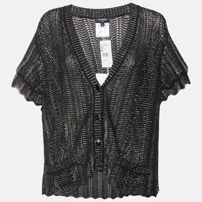 Pre-owned Chanel Black/gold Knit Short Sleeve Cardigan Xl