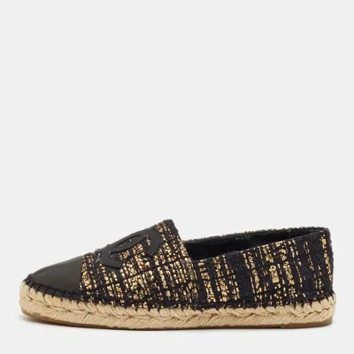 Pre-owned Chanel Black/gold Metallic Tweed And Fabric Cap-toe Cc Flat Espadrilles Size 38