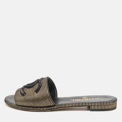 Pre-owned Chanel Black/gold Suede Beaded Cc Flat Slides Size 36