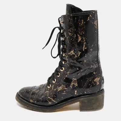 Pre-owned Chanel Black/gold Textured Leather Mid Calf Length Boots Size 40