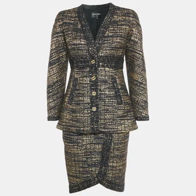 Pre-owned Chanel Black/gold Tweed Jacket And Skirt Set S