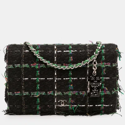 Pre-owned Chanel Black/green Quilted Boucle Tweed Robot Charm Wallet On Chain