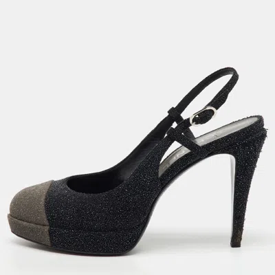 Pre-owned Chanel Black/grey Glitter Cc Cap Toe Slingback Platform Pumps Size 39.5