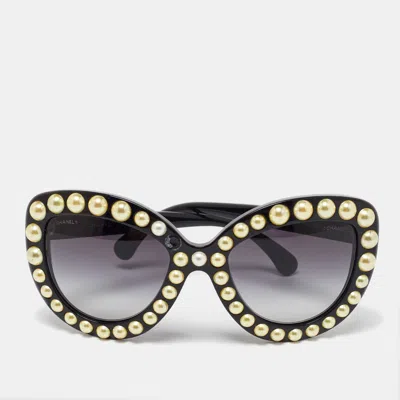 Pre-owned Chanel Black/grey Gradient 71095 Faux Pearl Cat-eye Sunglasses