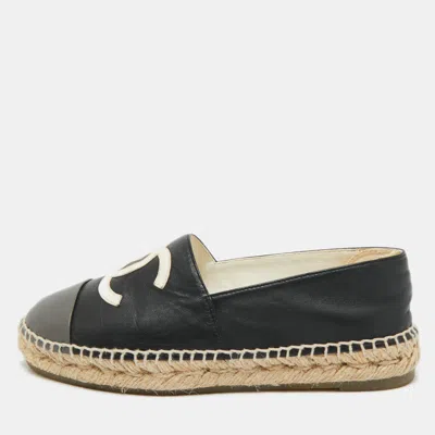 Pre-owned Chanel Black/grey Leather Cc Cap Toe Espadrille Flats Size 36