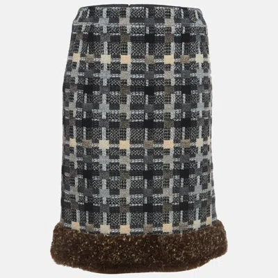 Pre-owned Chanel Black/grey Patterned Wool Fur Trimmed Skirt S