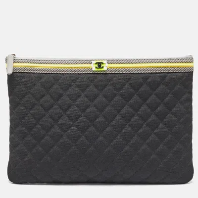 Pre-owned Chanel Black/grey Quilted Nylon Fluo Boy O-case Pouch