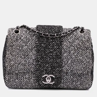 Pre-owned Chanel Black/grey Tweed And Sequin Elementary Chic Flap