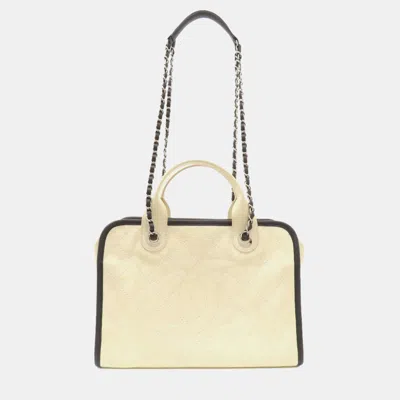 Pre-owned Chanel Black/ivory Caviar Leather Deauville Tote Bag In Cream
