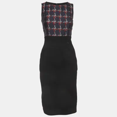 Pre-owned Chanel Black/navy Blue Check Crepe And Silk Mini Dress S