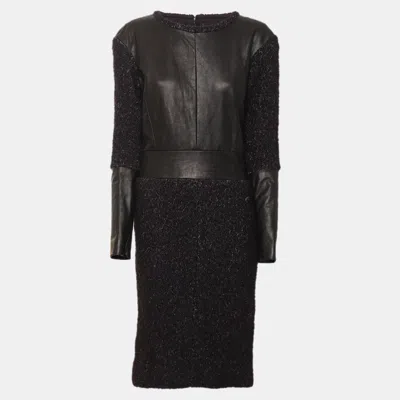 Pre-owned Chanel Black/purple Tweed And Leather Mini Dress M