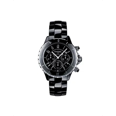 Pre-owned Chanel H0940 J12 Chronograph Ceramic And Stainless-steel Automatic Watch In Black/silver