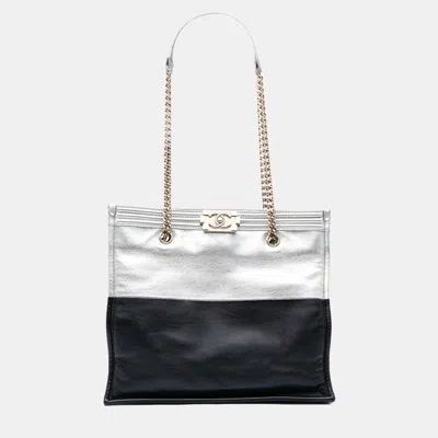 Pre-owned Chanel Black/silver Large Bicolor Metallic Goatskin And Calfskin Boy Tote