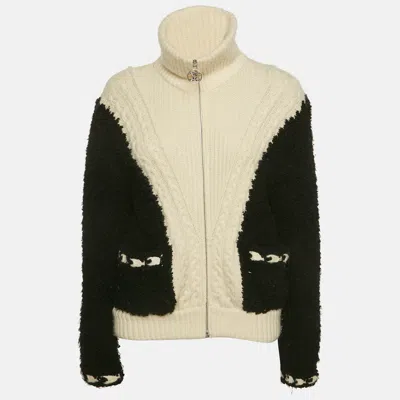 Pre-owned Chanel Black/white Cable Knit And Shearling Zip-up Jacket S