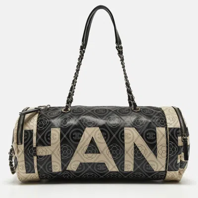 Pre-owned Chanel Black/white Camellia Print Coated Canvas Bowler Bag