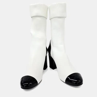 Pre-owned Chanel Black/white Leather Sock Boots Eu 37