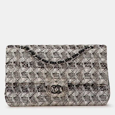 Pre-owned Chanel Black/white Medium Classic Tweed Double Flap