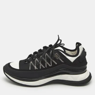 Pre-owned Chanel Black/white Nylon And Leather Cc Low Top Sneakers Size 38.5
