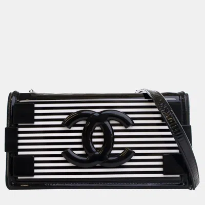 Pre-owned Chanel Black/white Patent And Acrylic Striped Boy Brick Horizontal Flap