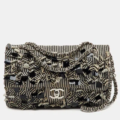 Pre-owned Chanel Black/white Stripe Fabric And Sequin Medium Classic Double Flap Bag