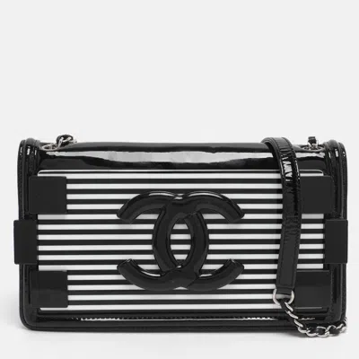 Pre-owned Chanel Black/white Stripe Plexiglass And Patent Leather East/west Boy Brick Flap Bag