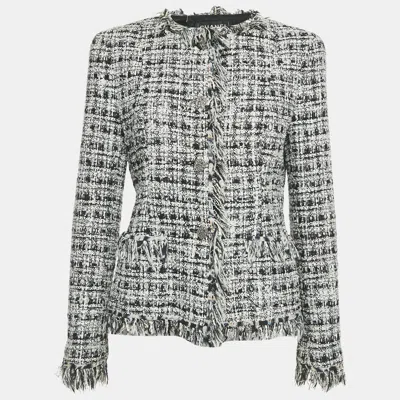 Pre-owned Chanel Black/white Tweed Fringed Button Front Jacket L