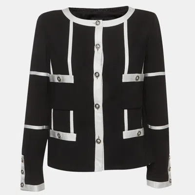Pre-owned Chanel Black/white Wool And Satin Contrast Jacket L