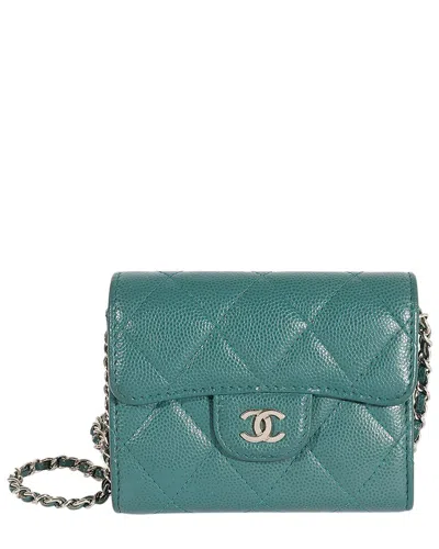 Pre-owned Chanel Blue & Green Quilted Caviar Classic Card Holder On Chain Handbag  (authentic Pre-loved)