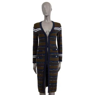 Pre-owned Chanel Blue & Olive Cashmere 2020 20c Striped Sequin Knit Coat Jacket 34 Xxs